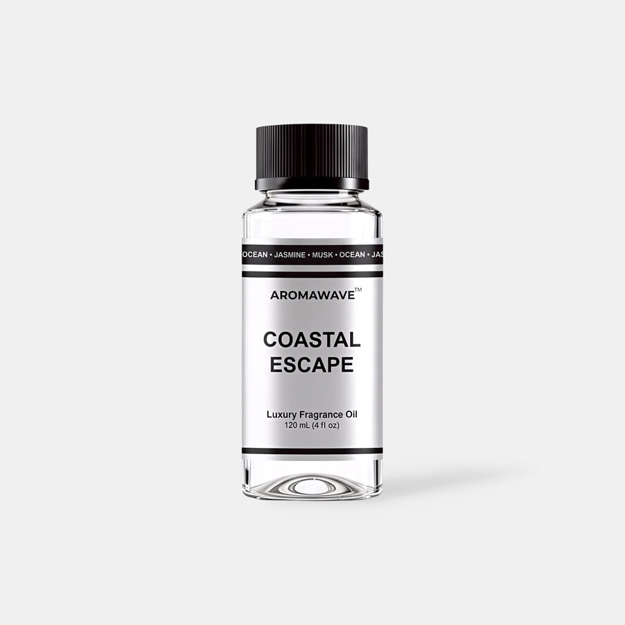 Coastal Escape 120ml luxury fragrance oil by Aromawave for home and car diffusers delivering a clean long-lasting marine scent.