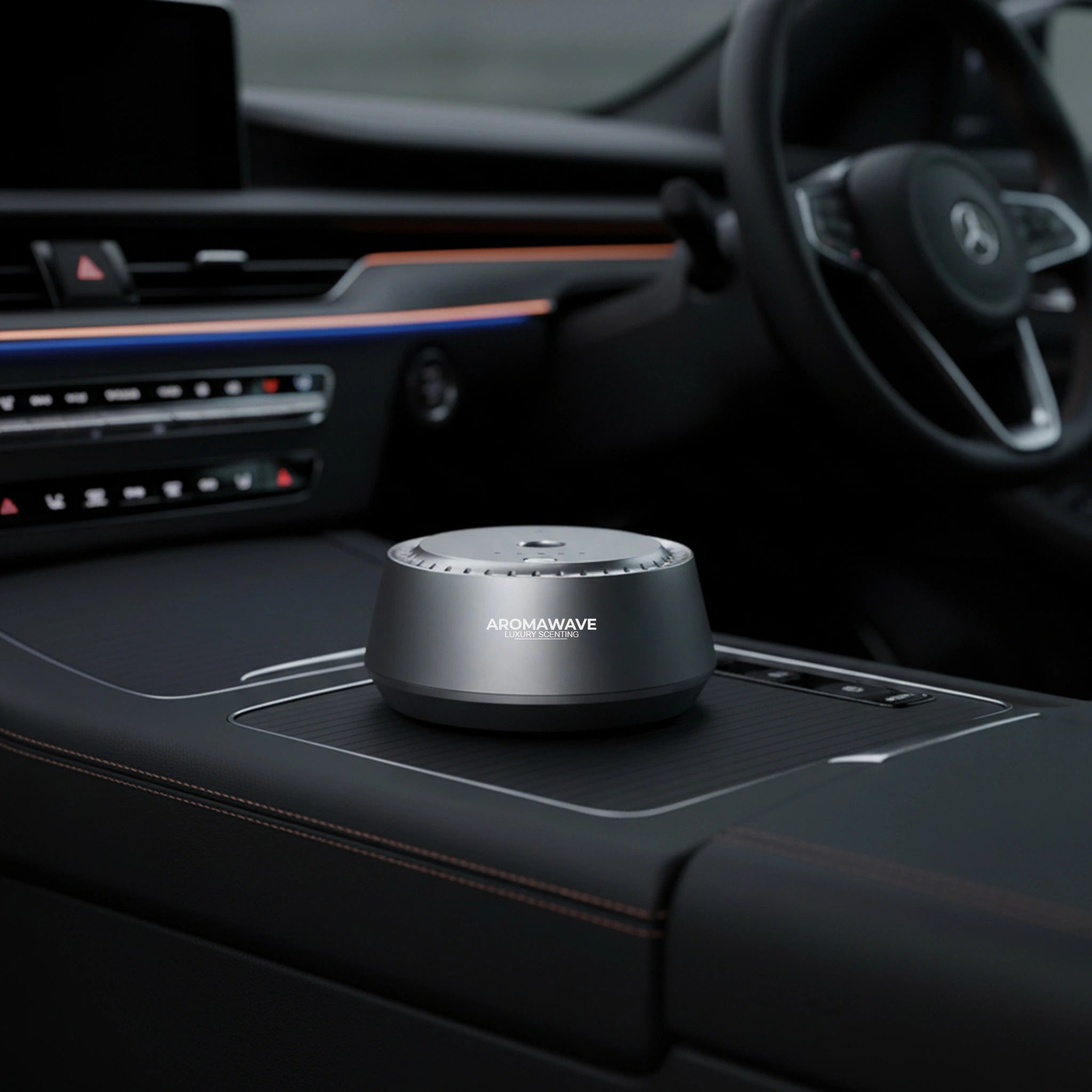 Aromawave Neo Sense Pro car diffuser placed on the centre console of a luxury car interior