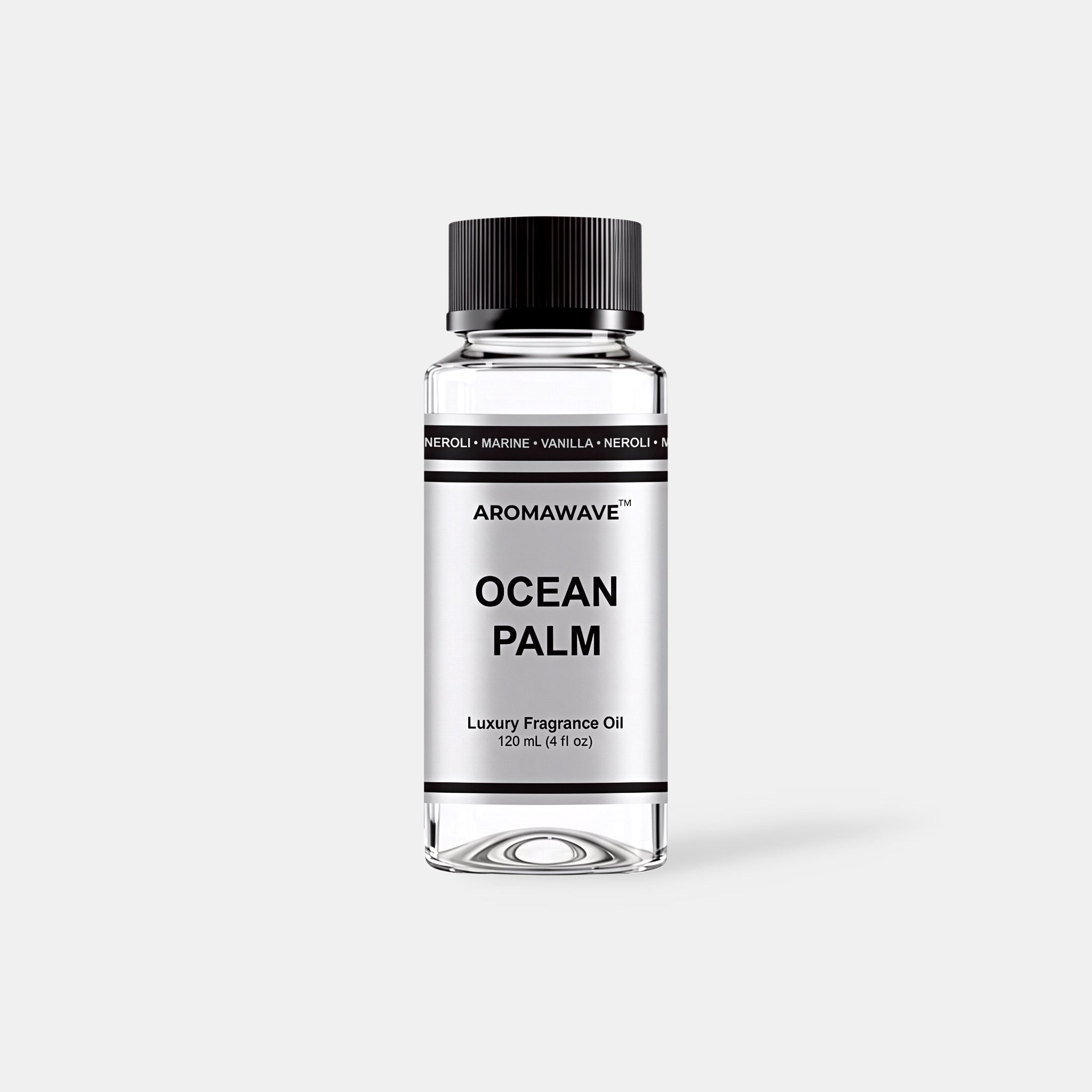 Ocean Palm 120ml luxury fragrance oil by Aromawave for home and car diffusers delivering a smooth long-lasting scent.