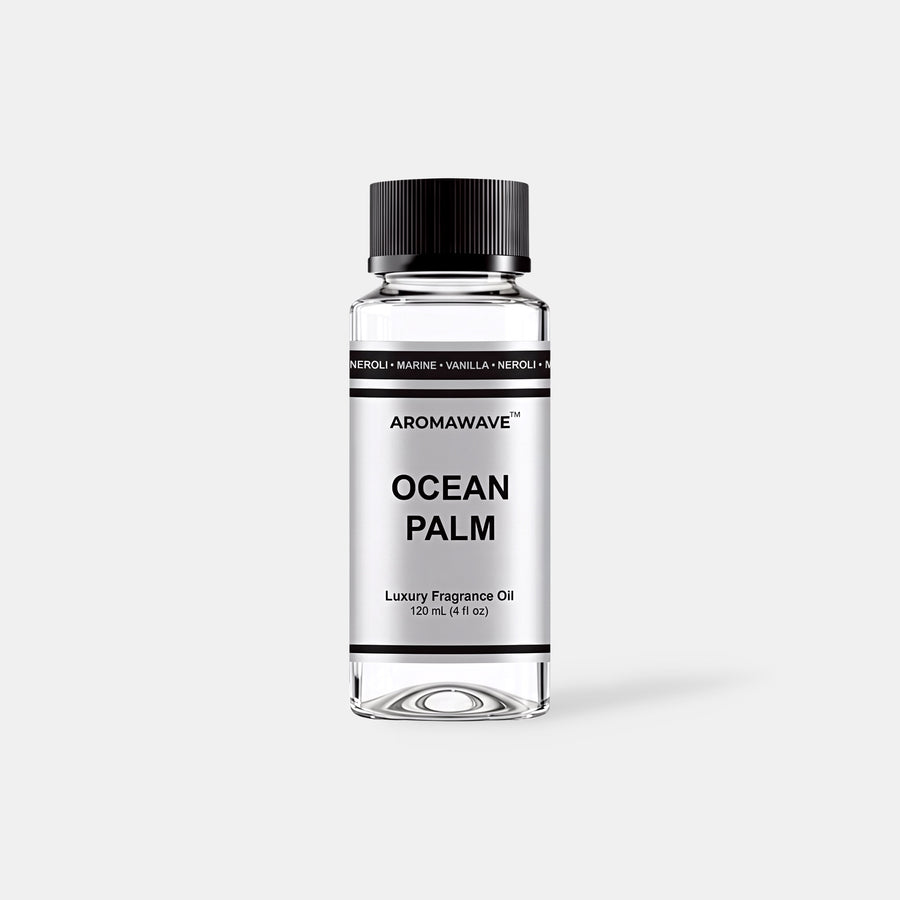 Ocean Palm 120ml luxury fragrance oil by Aromawave for home and car diffusers delivering a smooth long-lasting scent.