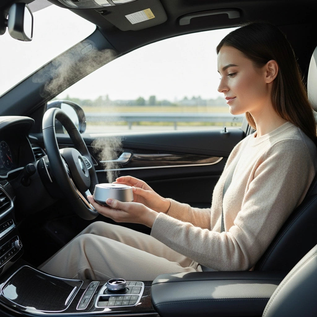 Woman using Neo Sense Pro wireless car diffuser inside a modern vehicle with subtle fragrance mist