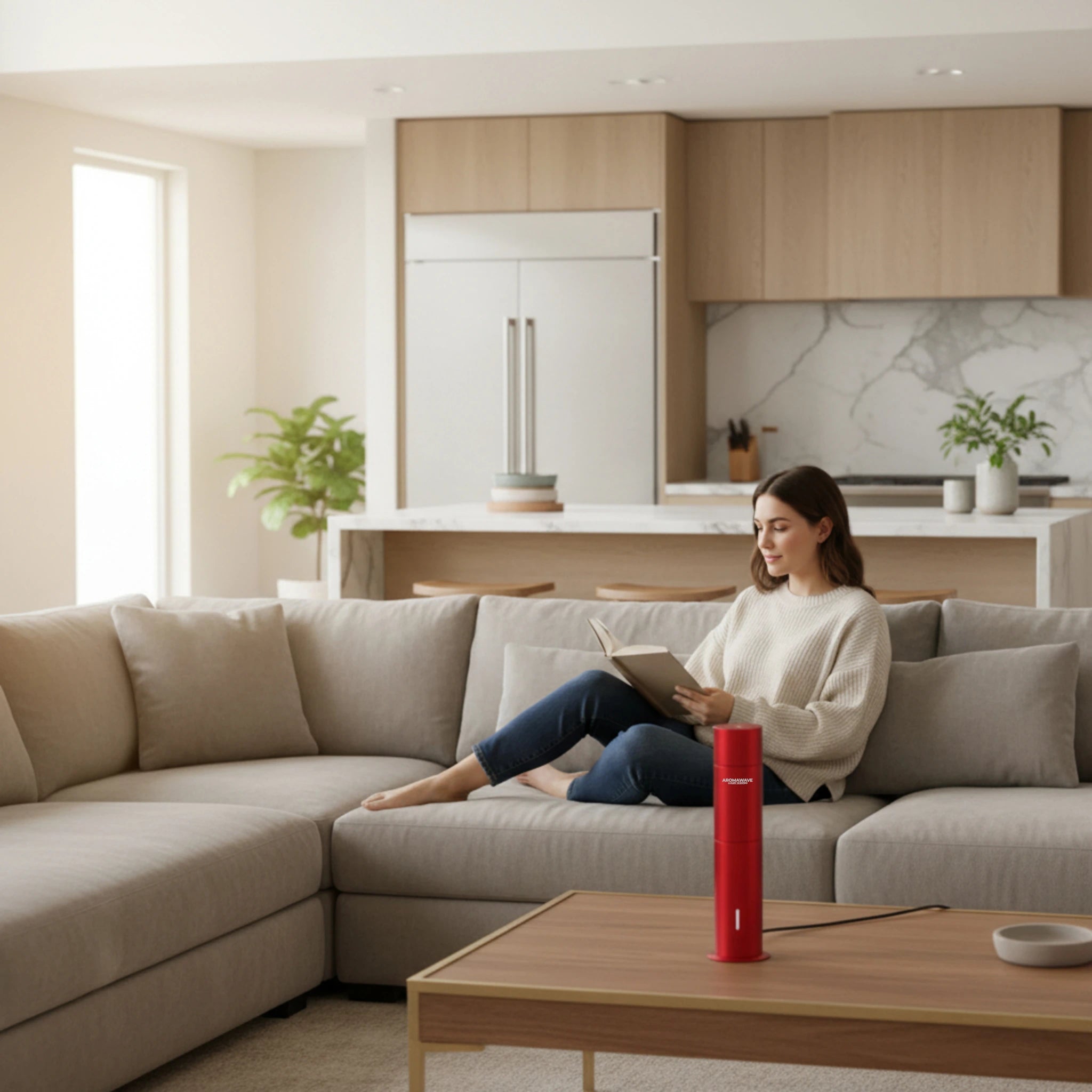 Ultra Pro scent diffuser in red placed on a coffee table in a modern living room with a woman relaxing on a sofa