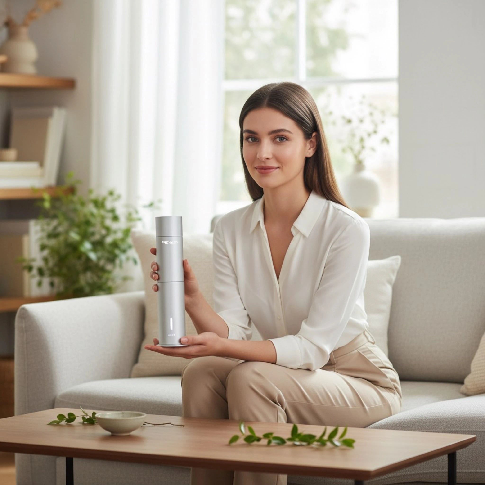 Woman holding silver Wireless Ultra Smart scent diffuser while seated in a modern living room