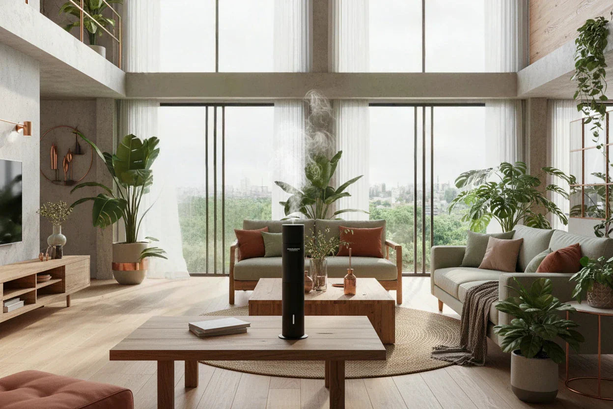 Cold air diffuser coverage in Australian home showing luxury scent diffuser for large living room and open modern spaces