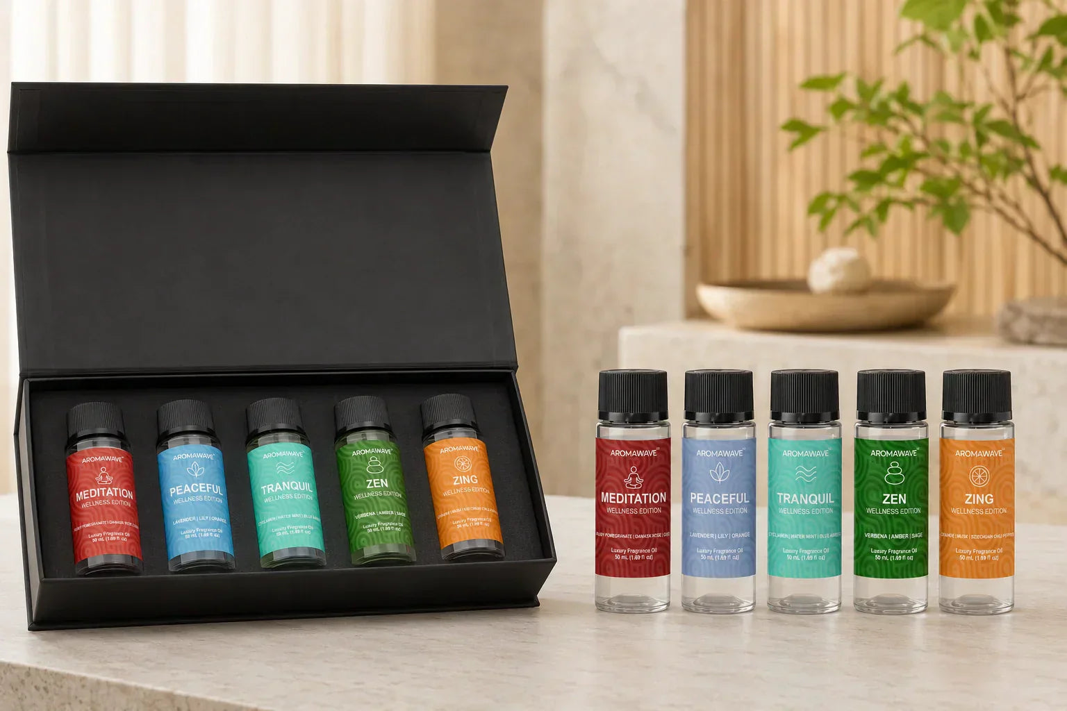 Wellness fragrance oil Australia. Aromawave Wellness Edition five fragrance oils Zen Peaceful Meditation Tranquil Zing guide