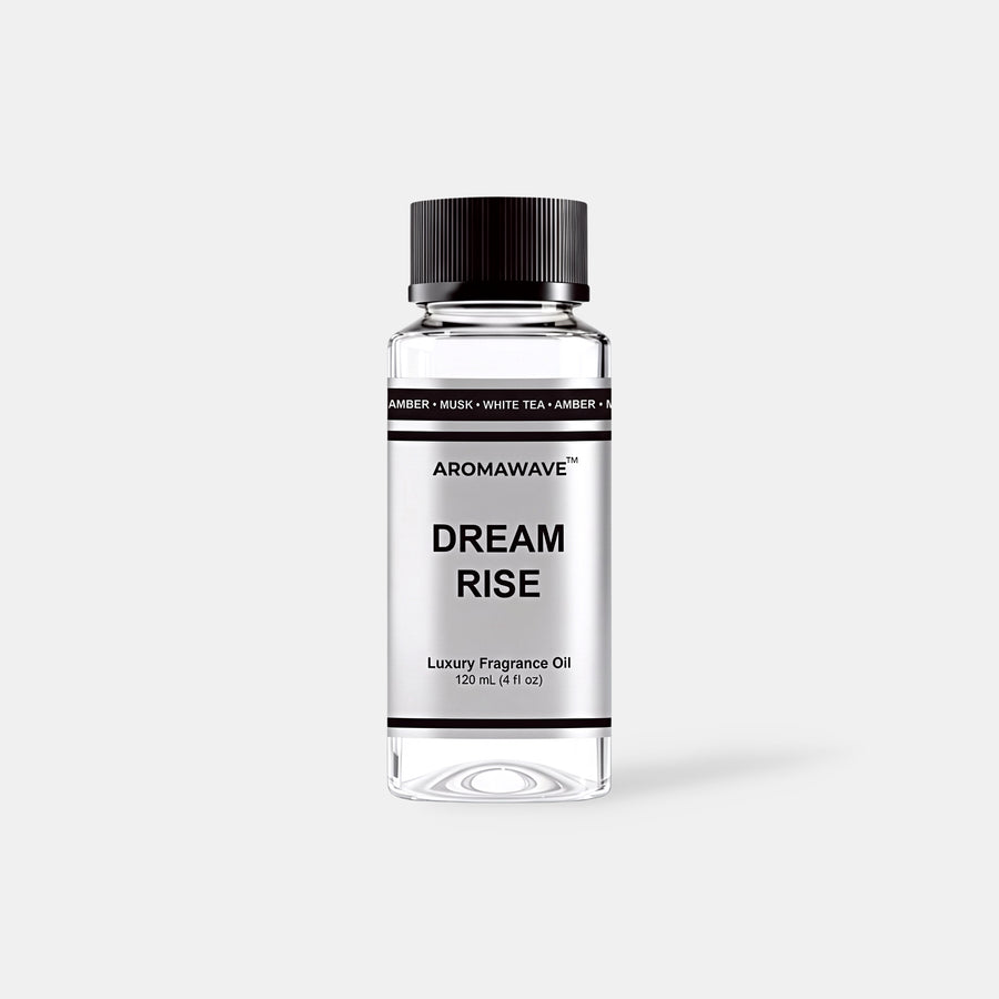 Dream Rise 120ml luxury fragrance oil by Aromawave for home and car diffusers delivering a serene long-lasting scent.
