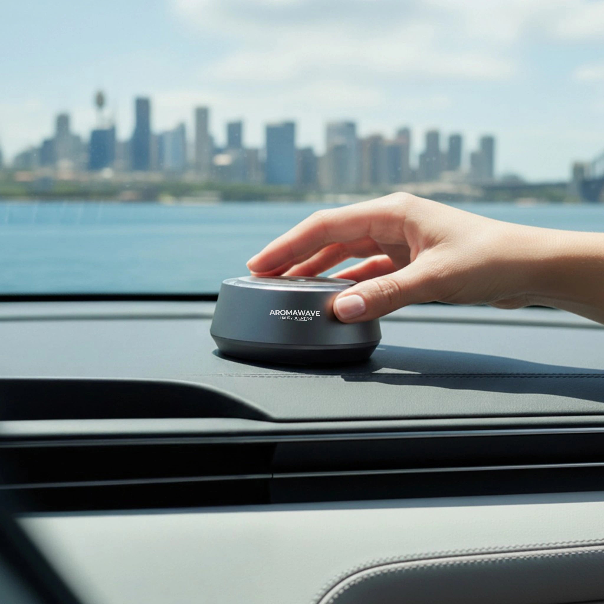 Hand placing Aromawave Neo Sense Pro wireless car diffuser on dashboard with city view in background