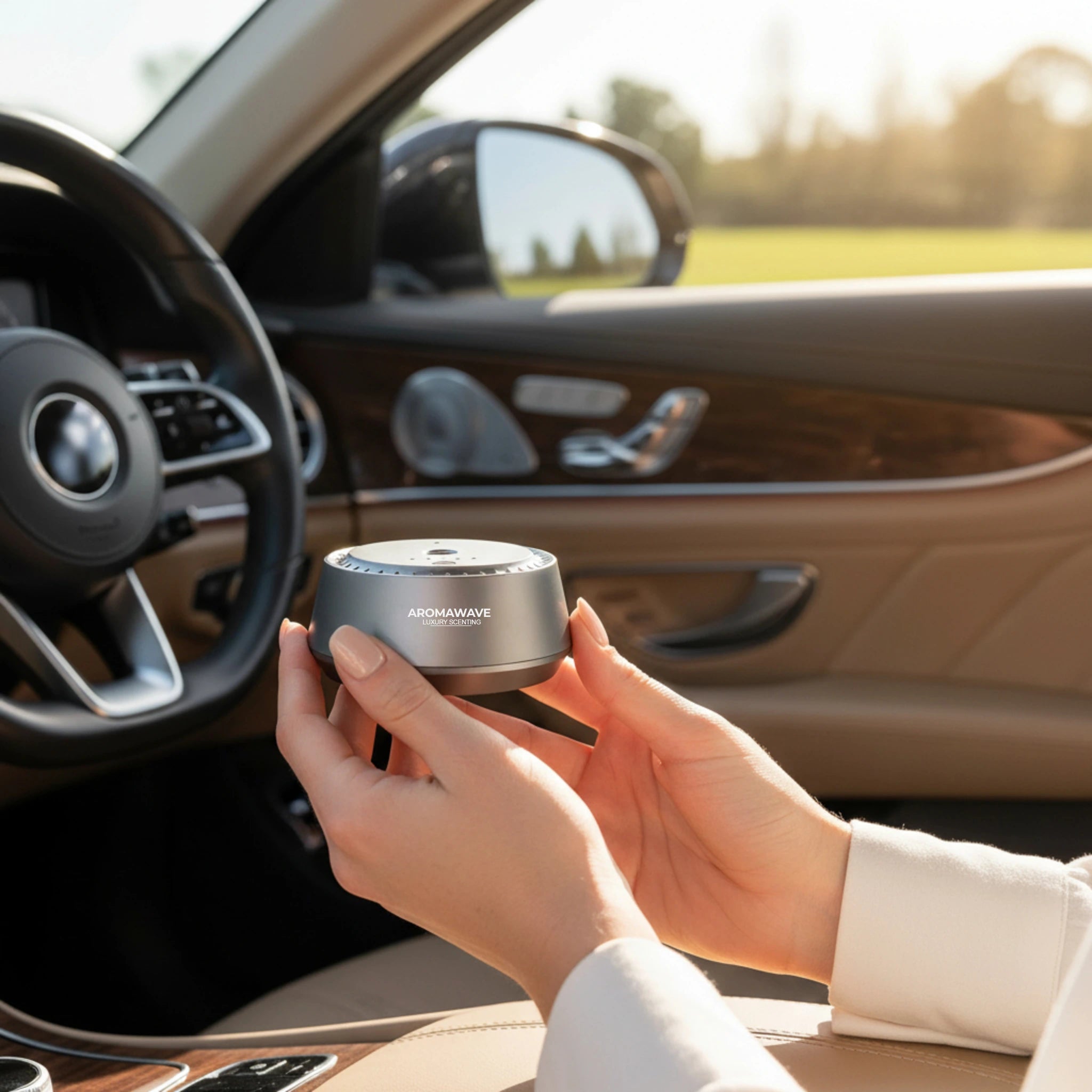 Woman holding Aromawave Neo Sense Pro wireless car diffuser inside a luxury vehicle interior