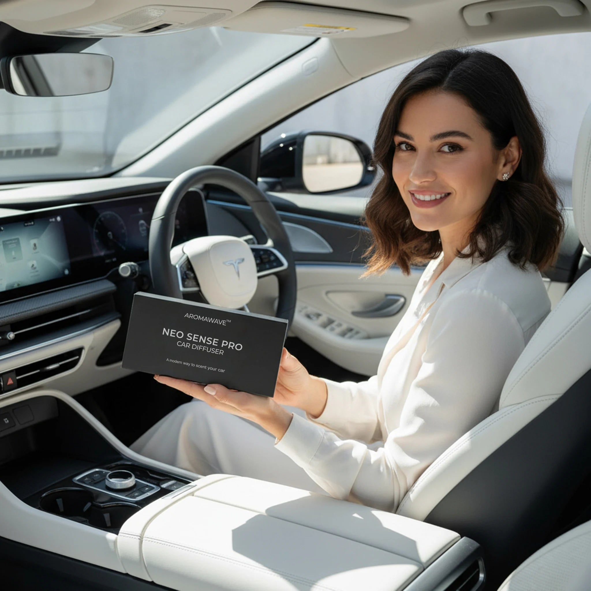 Woman sitting in a car holding a neo sense pro car diffuser