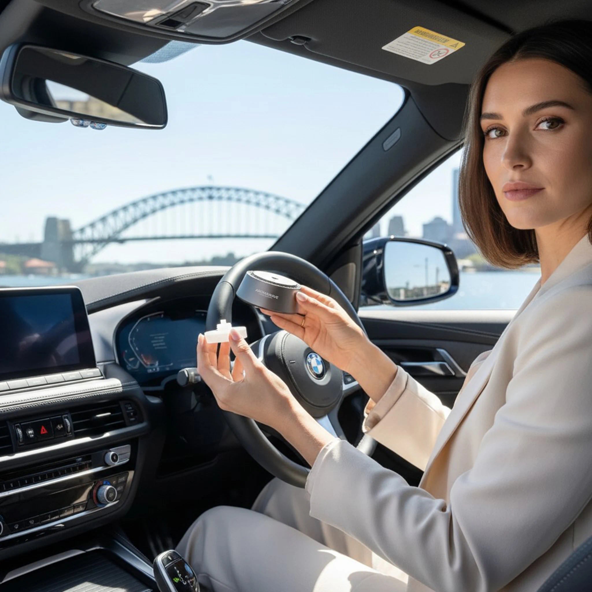 Woman sitting in a car holding a small container, with a cityscape and bridge in the background 