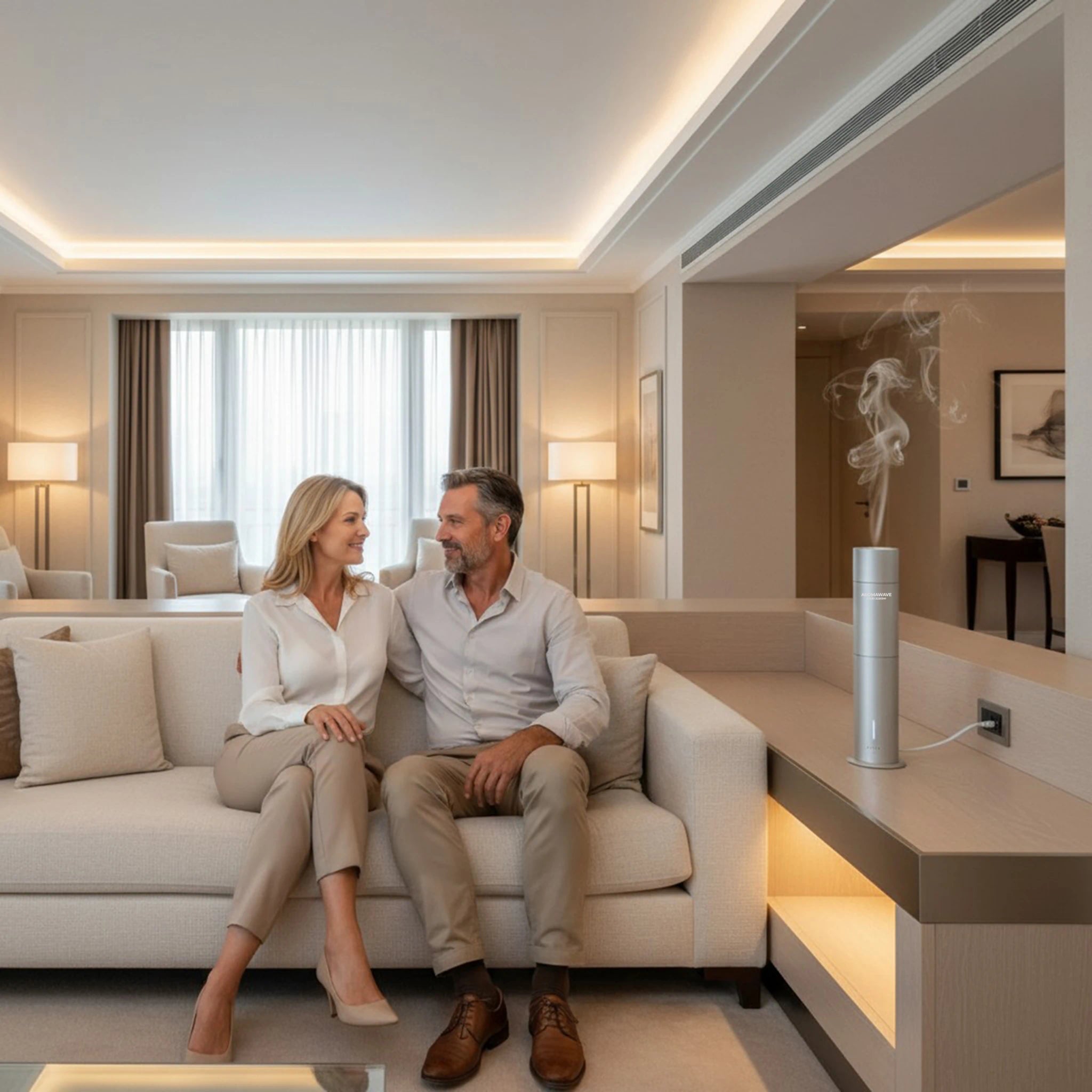 Ultra Pro scent diffuser releasing gentle mist in a luxury living room with a couple relaxing on a sofa