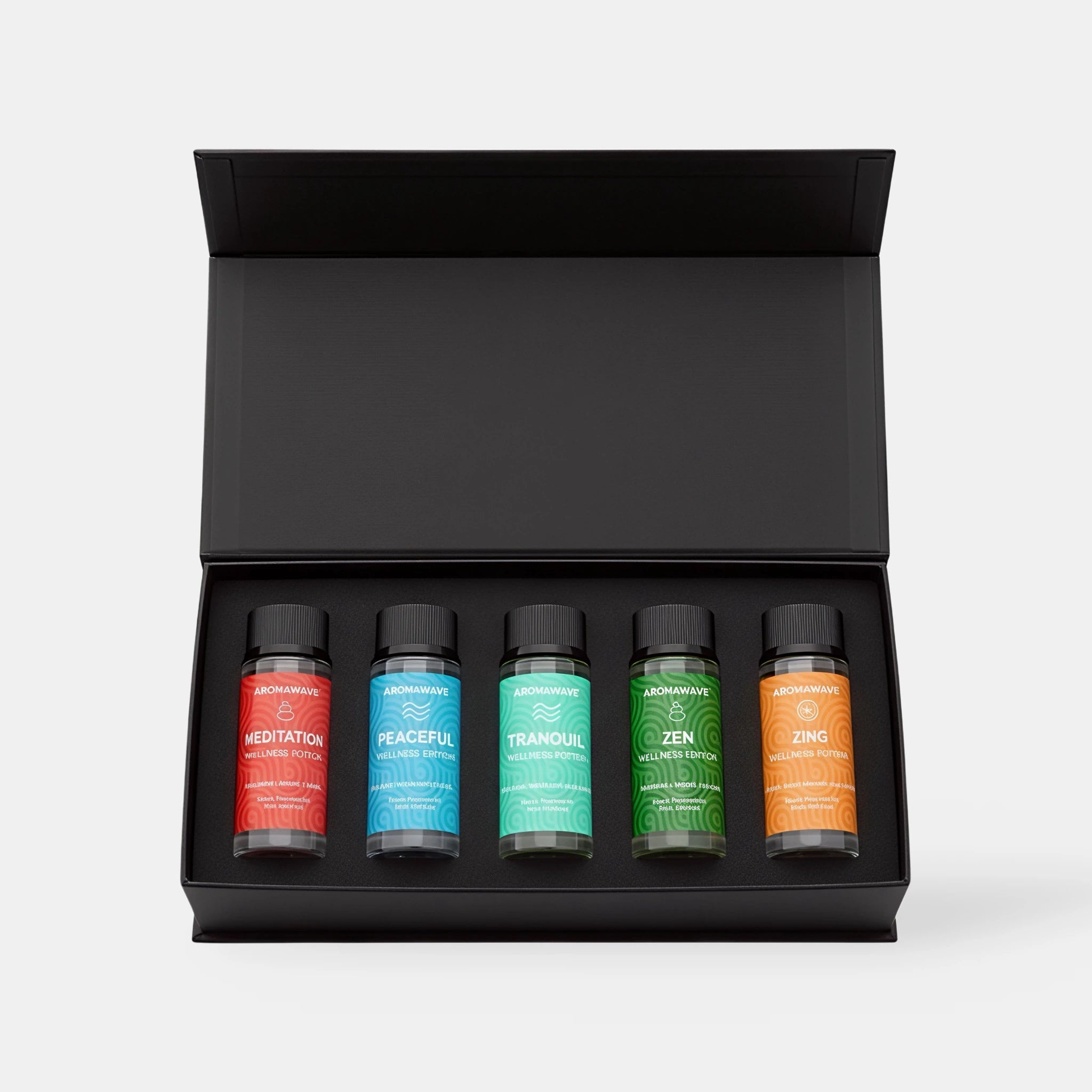 Open Aromawave Wellness Edition Signature fragrance oil set showing five 20ml luxury diffuser oils in a black magnetic gift box