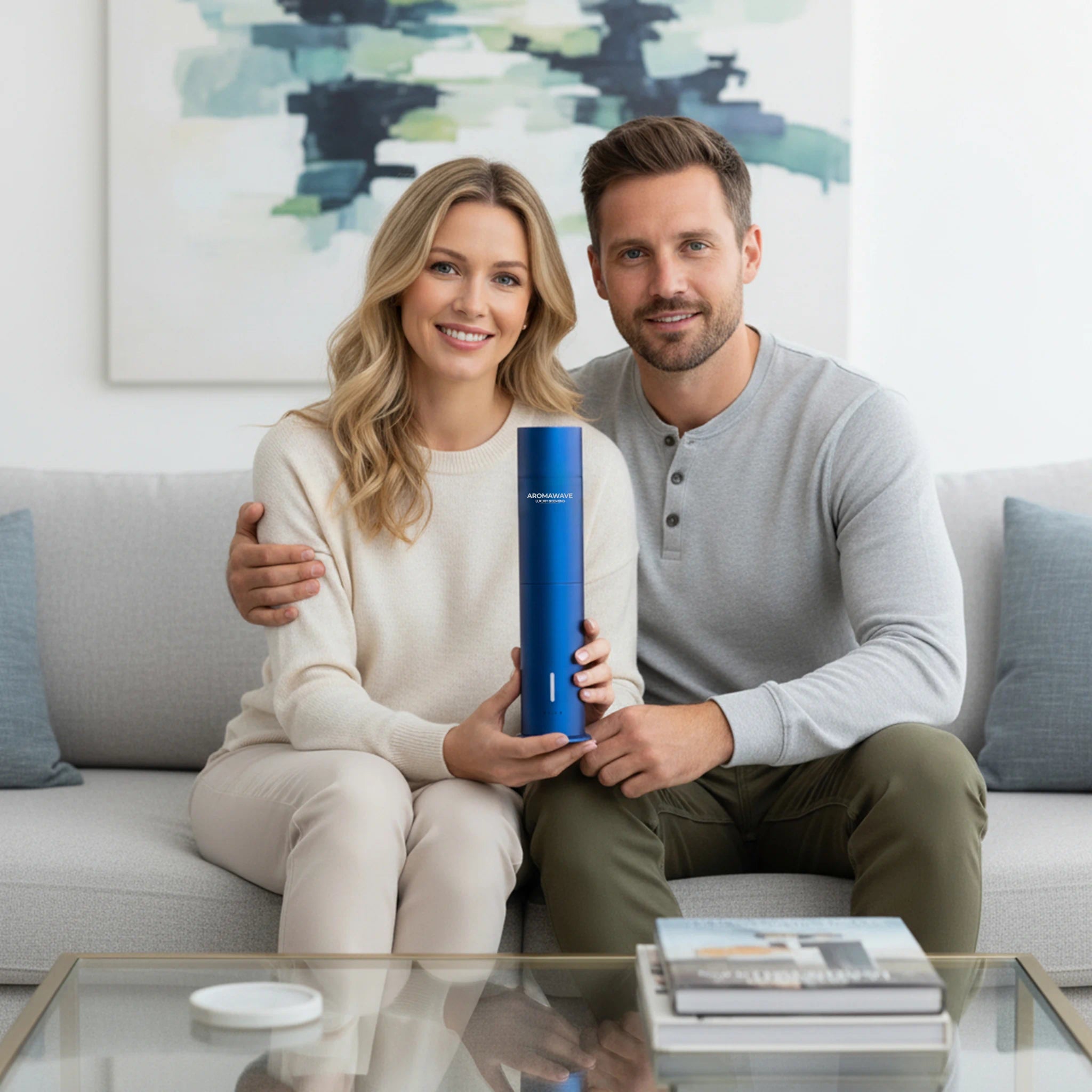 Wireless Ultra Smart scent diffuser in blue held by a couple sitting on a sofa in a modern living room