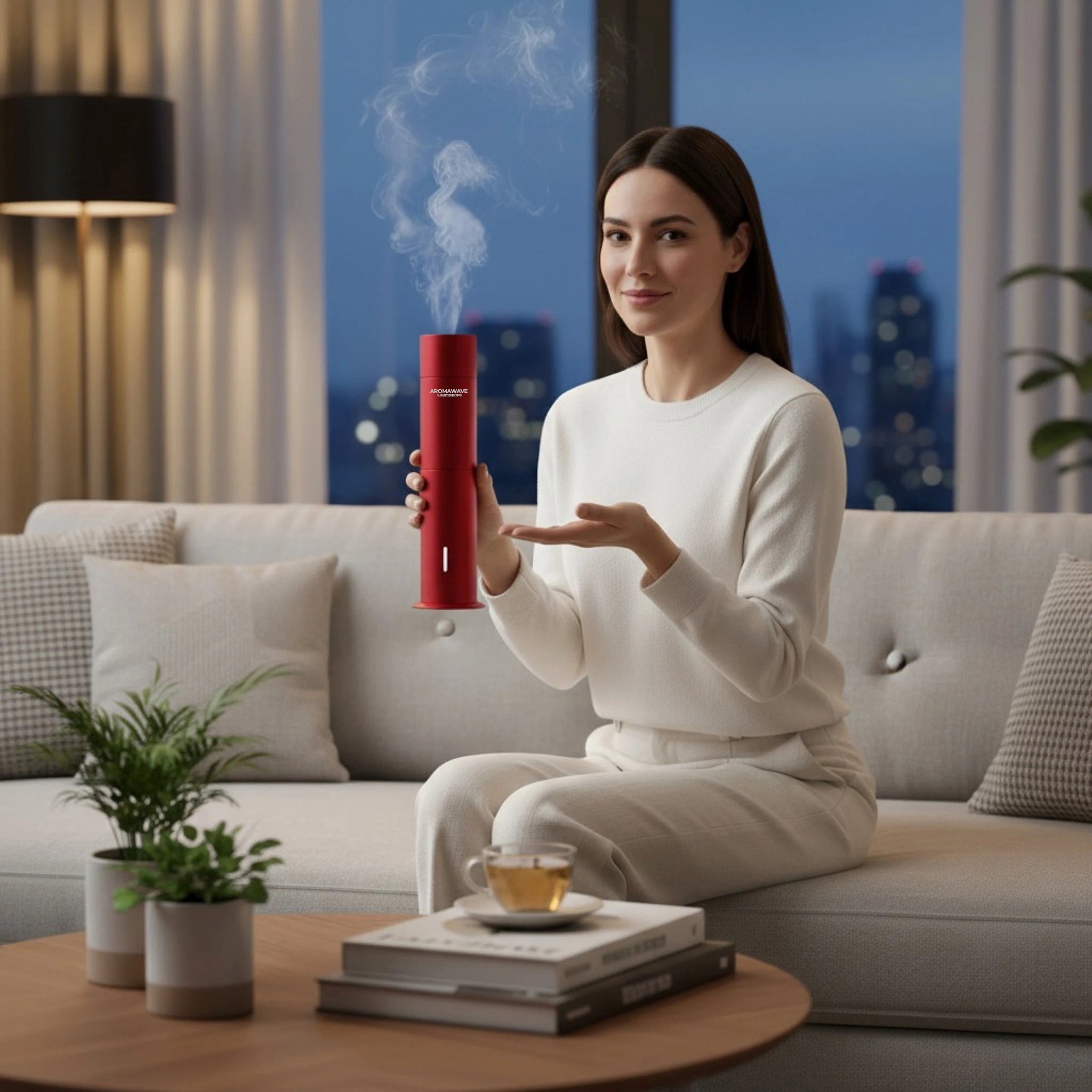 Woman presenting red Wireless Ultra Smart scent diffuser emitting gentle mist in a modern living room at night